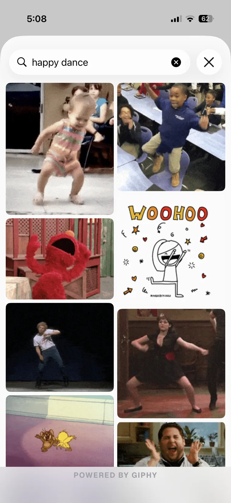 The GIF picker in league chat: a search for happy dance showing a grid of dancing GIFs