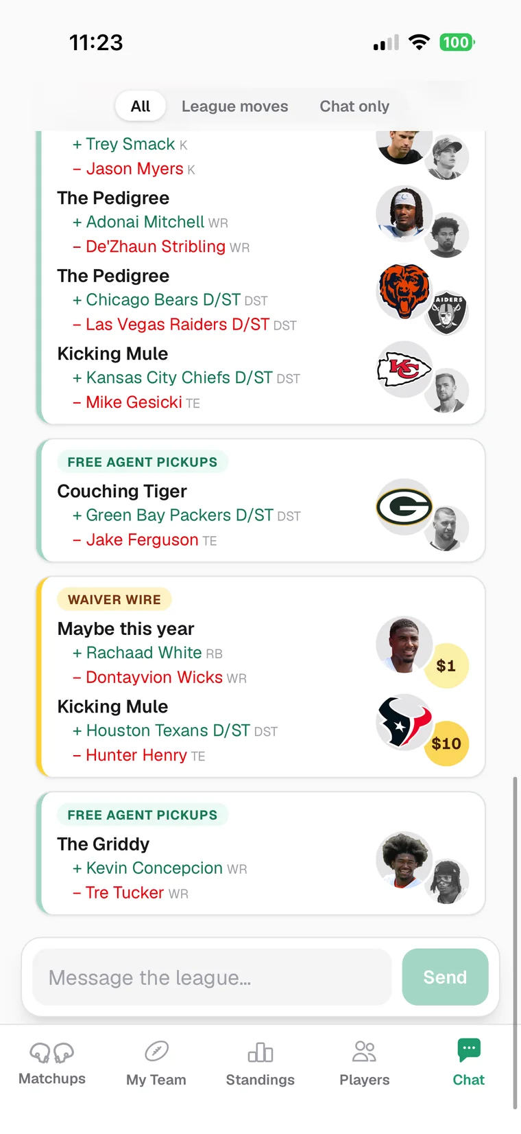 The league chat filtered to league moves: free agent pickups and waiver wire wins with each winning bid shown as a gold coin