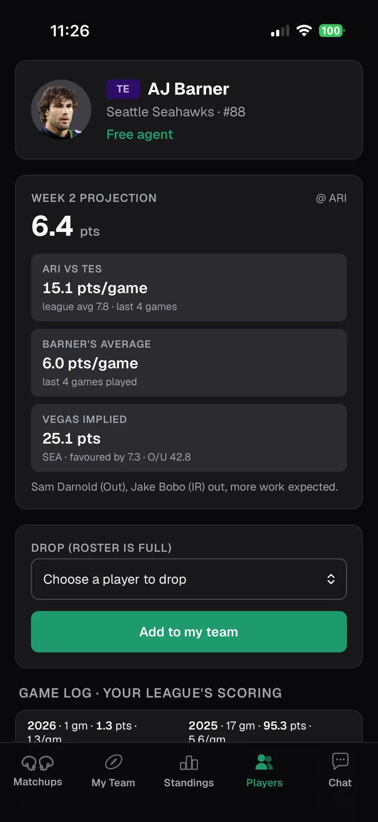 A player card: this week's projection with the matchup, recent average and Vegas factors behind it, and an add button